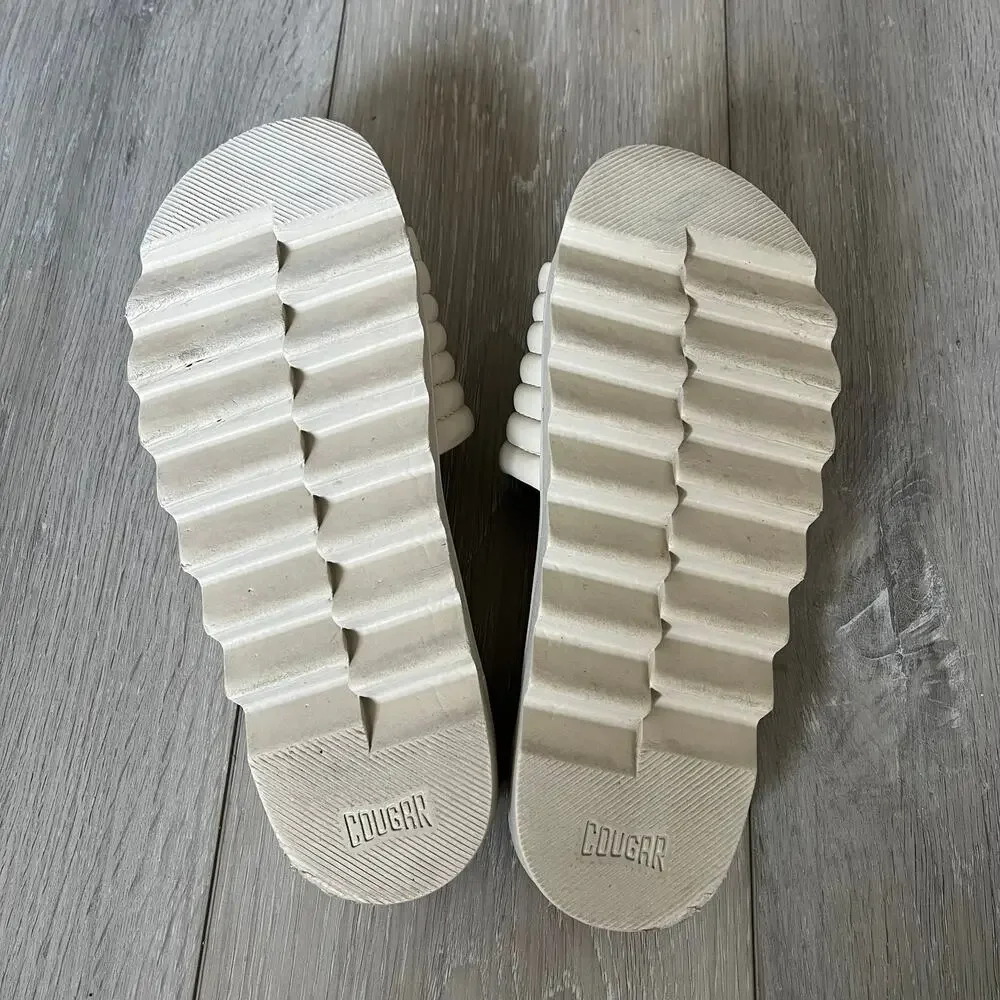 COUGAR 'Naomi' Women's 7.5 Cream Ribbed Leather Slide Sandal Comfort Footbed